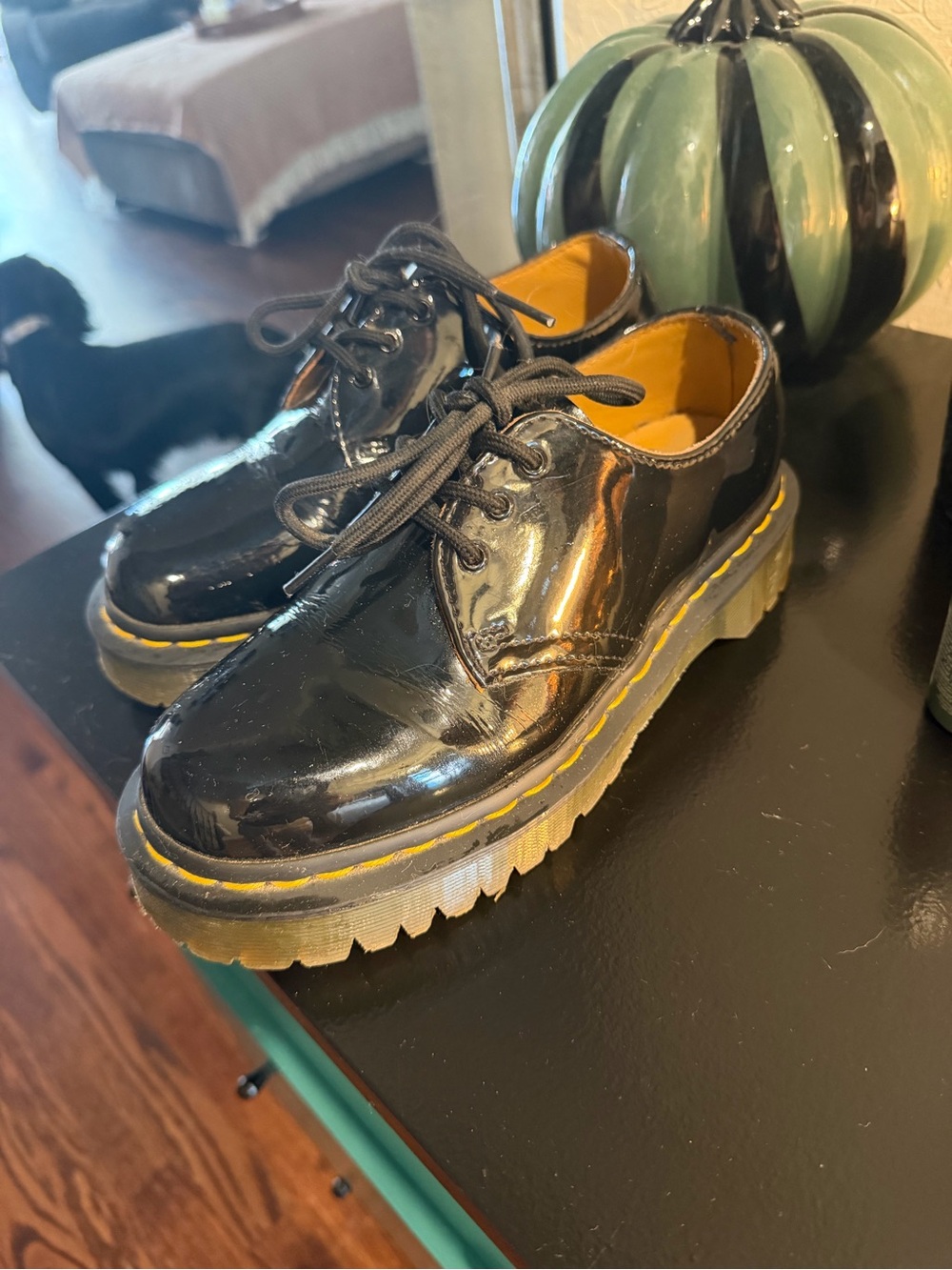 Dr. Martens Black Patent Lace-Up Shoes with Yellow Stitching